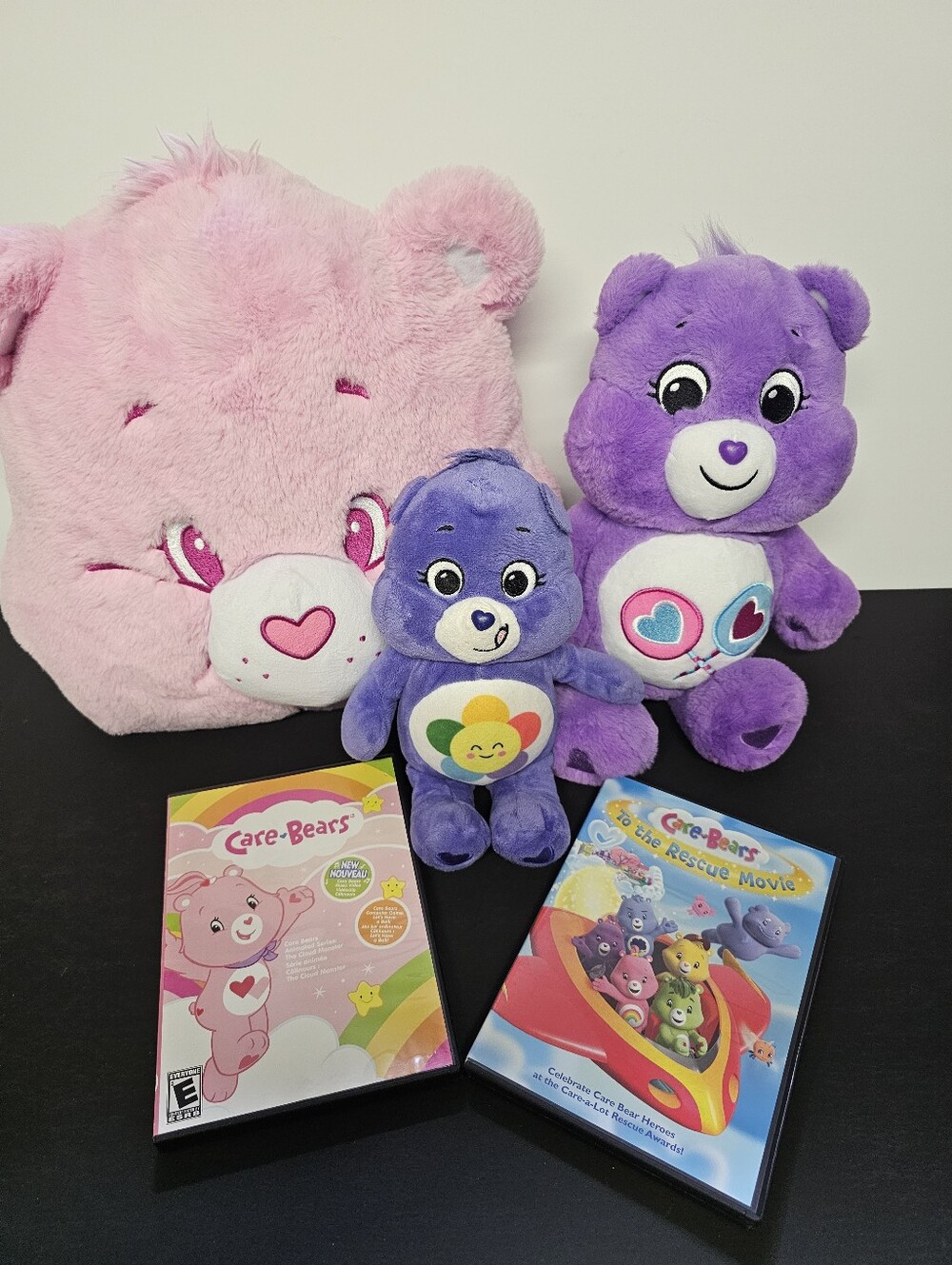 Care Bears Plush & DVD Lot Set of 5 - 3 Stuffed Bears + 2 Movie DVDs